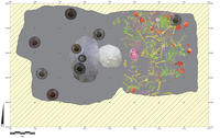 Abb. 1. Uxul, Künstliche Höhle, Räumliche Verteilung von Knochenelementen und Artefakten  